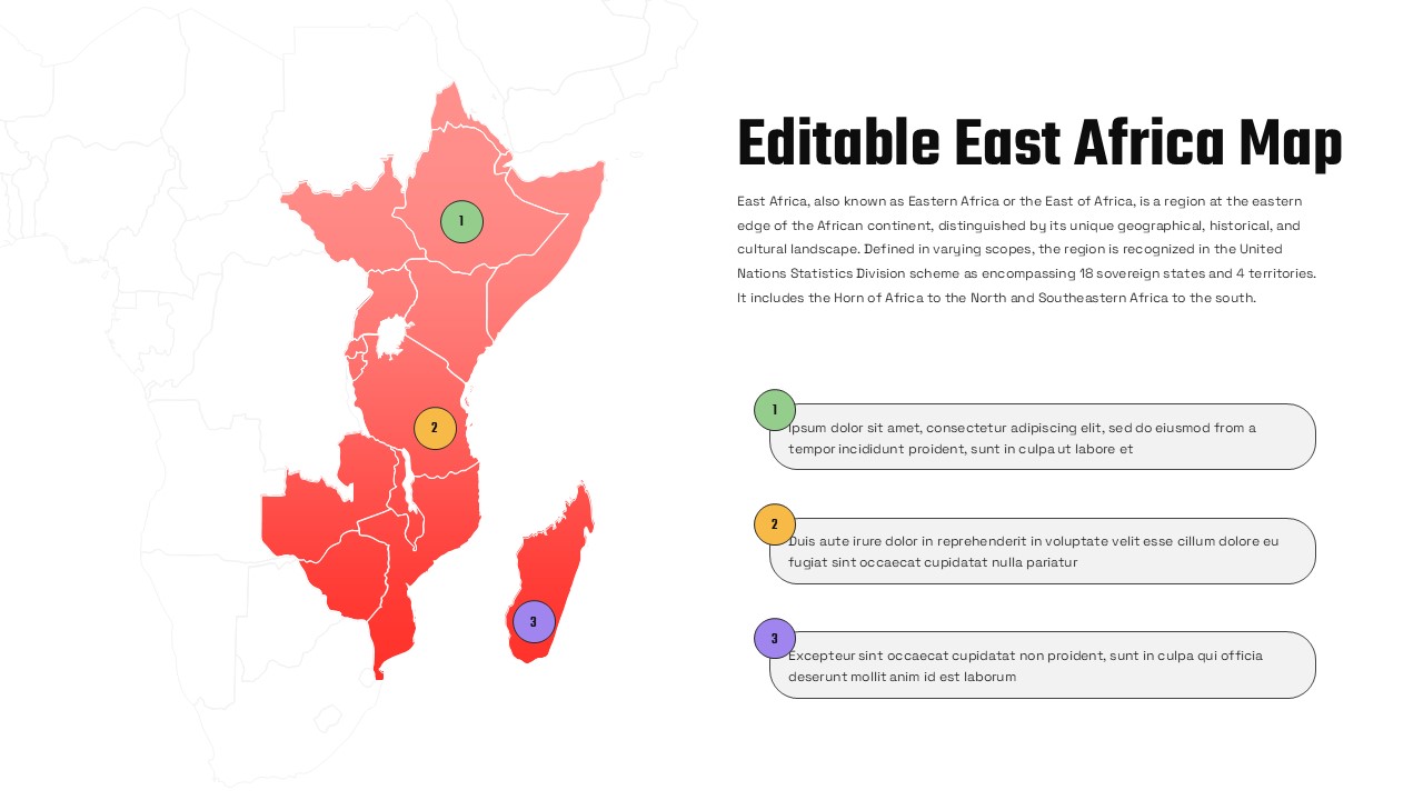 East Africa map slide with red highlighted countries, three numbered markers, and right-aligned description boxes.