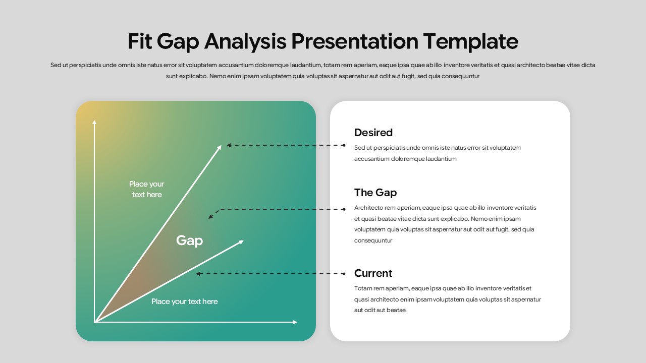 Fit gap analysis slide with gradient triangle gap chart, upward arrows, and sections for current, gap, and desired state.