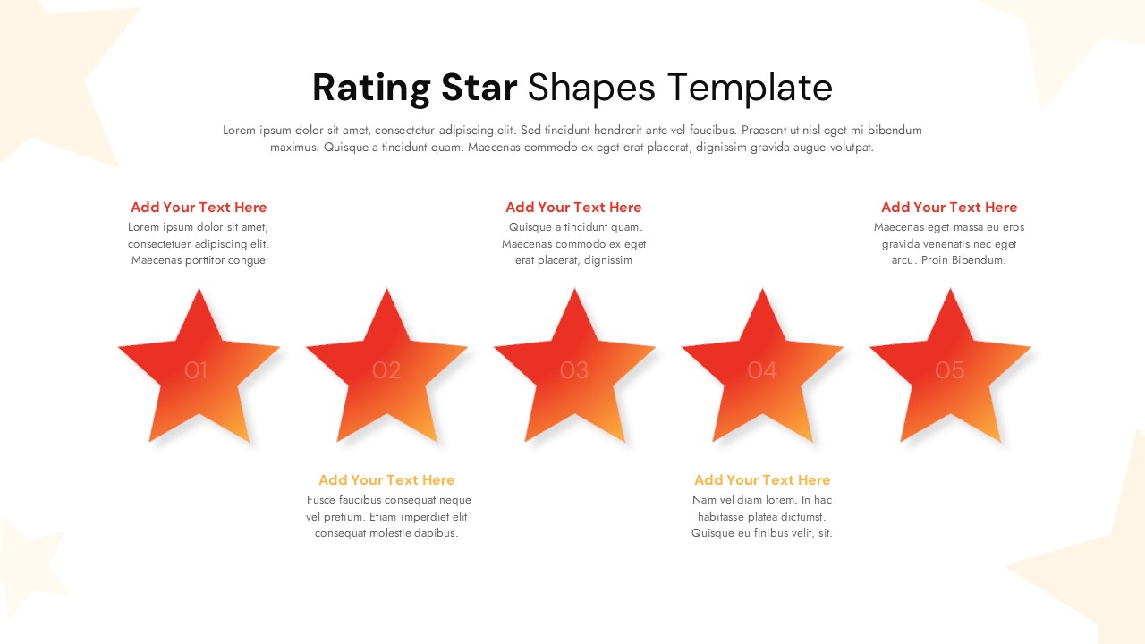Five horizontal red and orange gradient star shapes labeled 01 to 05 with editable text areas for rating descriptions.