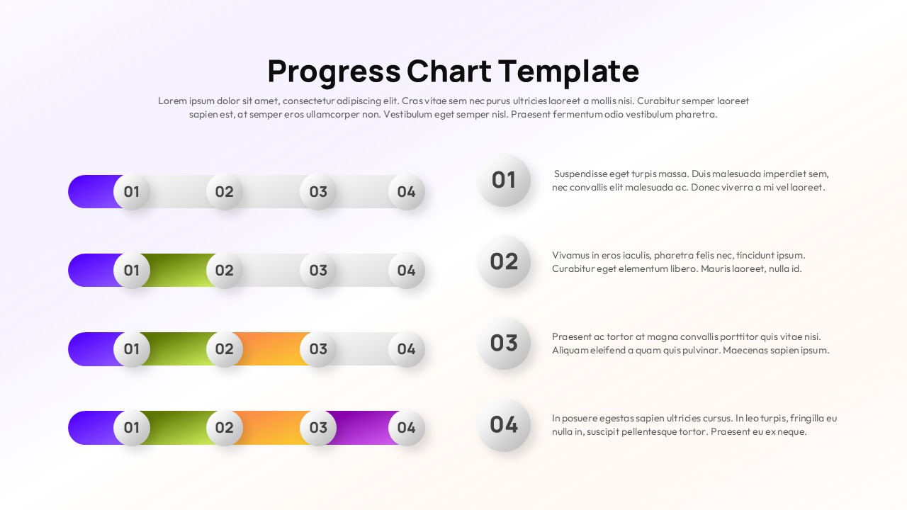 Four-step horizontal gradient progress chart with numbered circular markers and aligned text sections on the right.