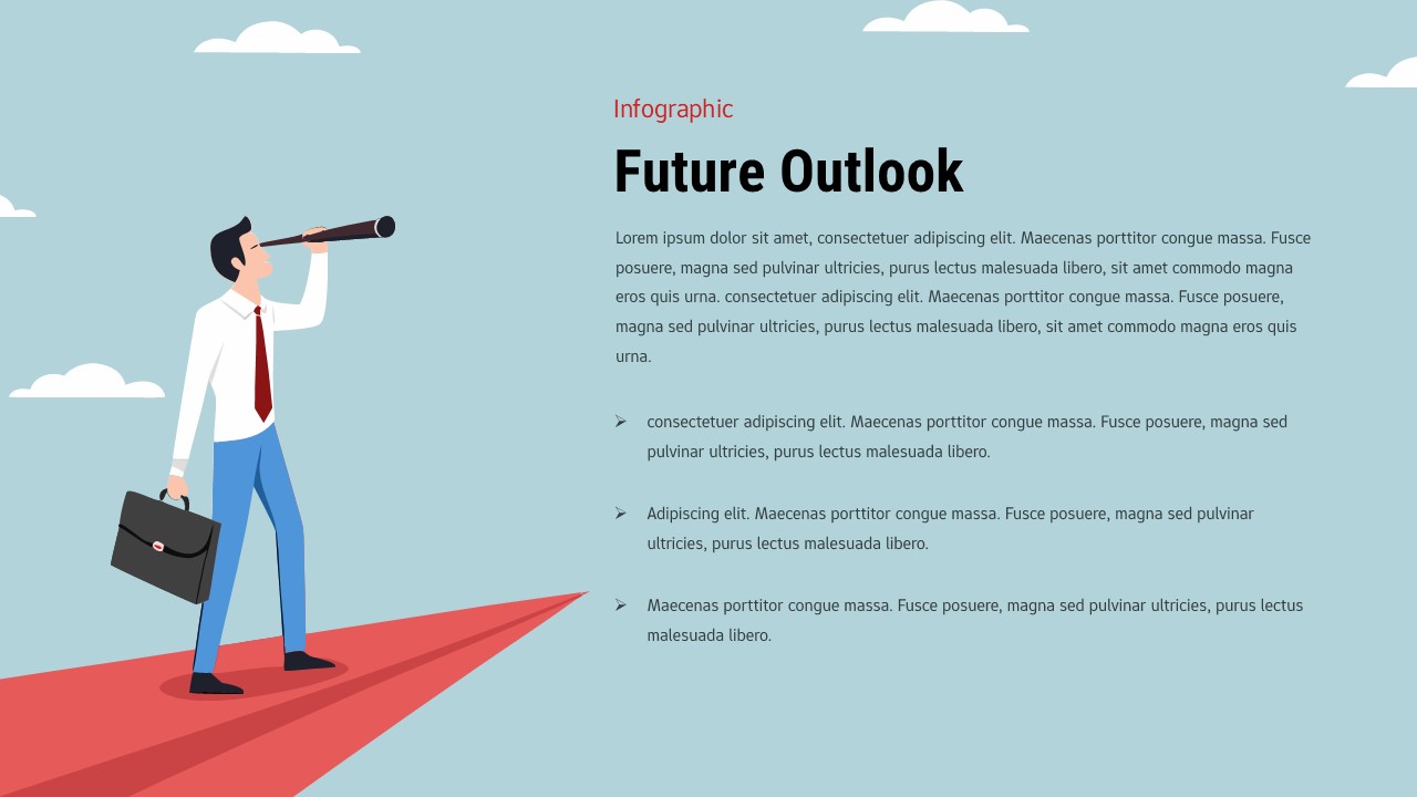 Infographic slide showing businessman with telescope standing on red arrow and three bullet points for future outlook strategy.