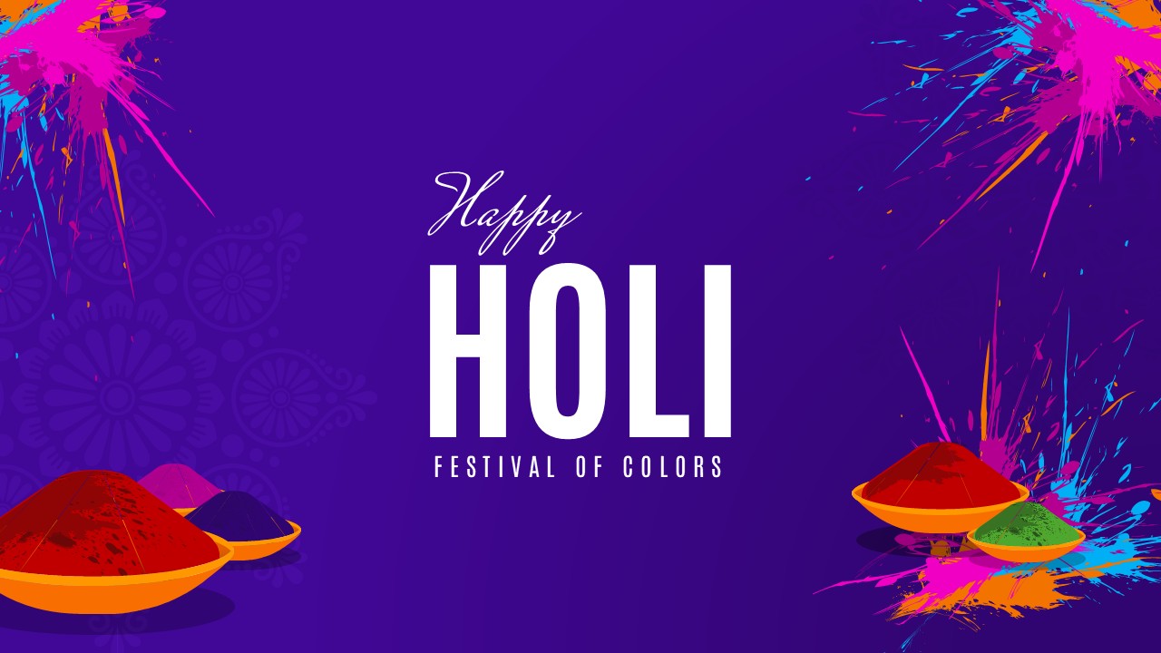 Purple Holi 2026 slide background with colorful paint splashes and bowls of powder framing a central bold HOLI title.