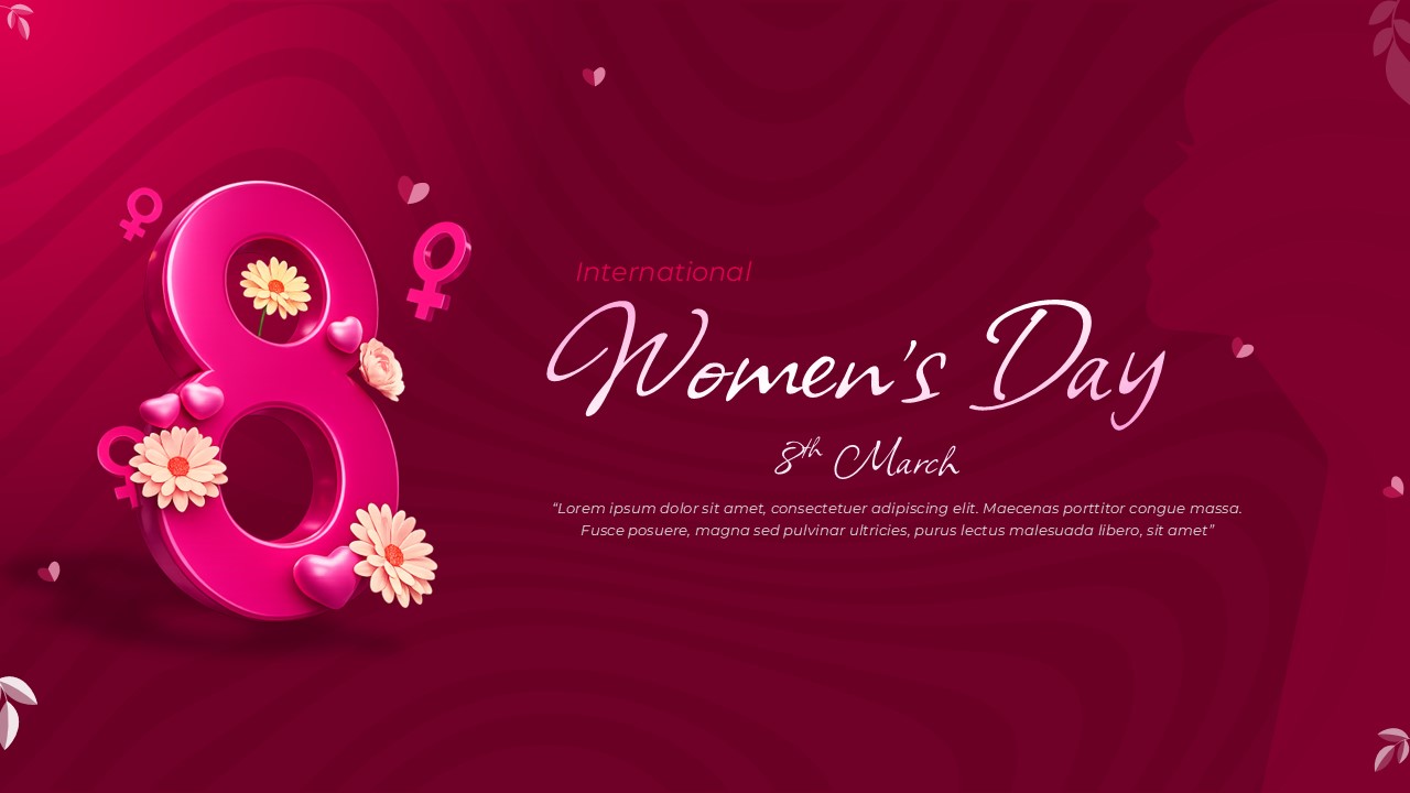 Happy Women’s Day slide with large floral number 8, pink gradient background, and elegant script headline layout.