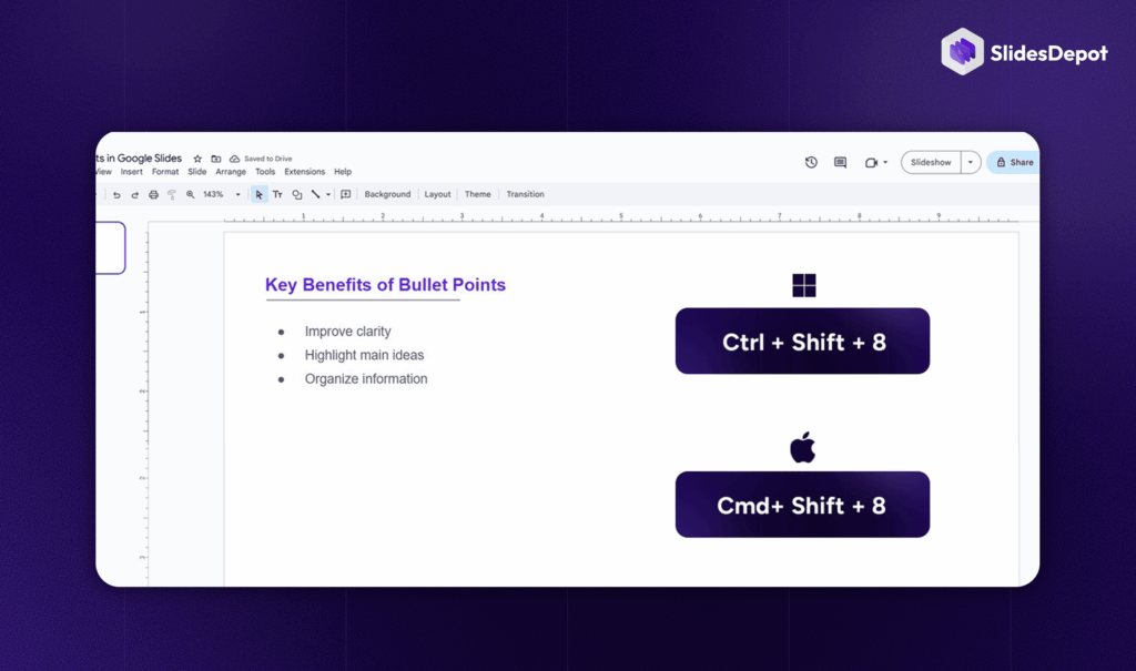 How to Make a Bullet Point on Google Slides shortcuts