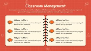 Teacher education presentation template classroom management slide with open notebook layout, six content sections, and red grid background.