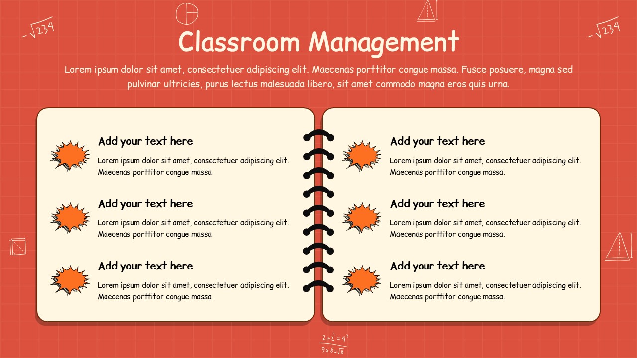 Teacher education presentation template classroom management slide with open notebook layout, six content sections, and red grid background.