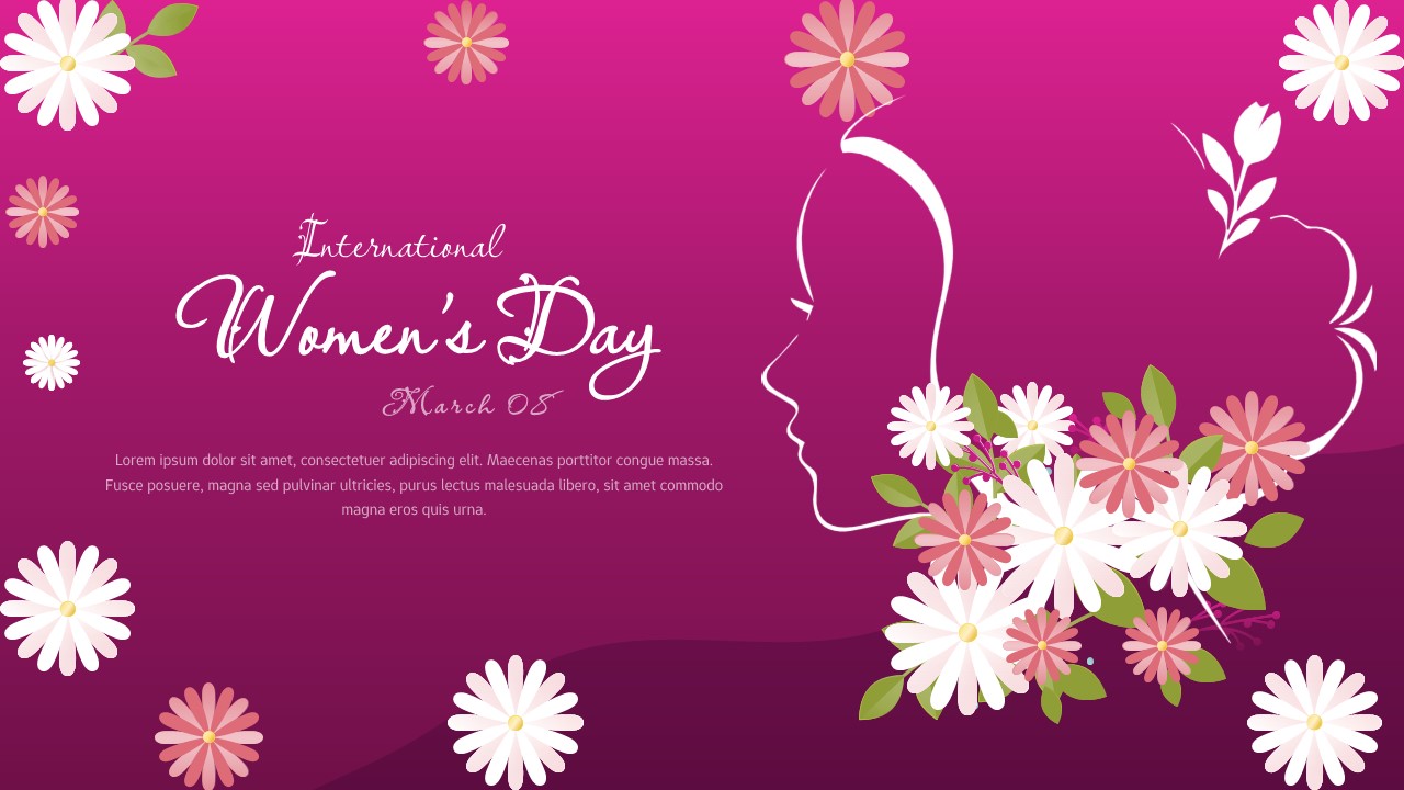 Pink International Women’s Day slide with floral decorations and woman silhouette illustration on gradient background.