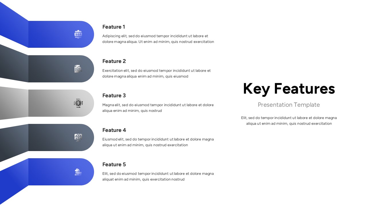 Key features slide with five horizontal rounded blocks, icons, and text aligned vertically on a clean white layout.