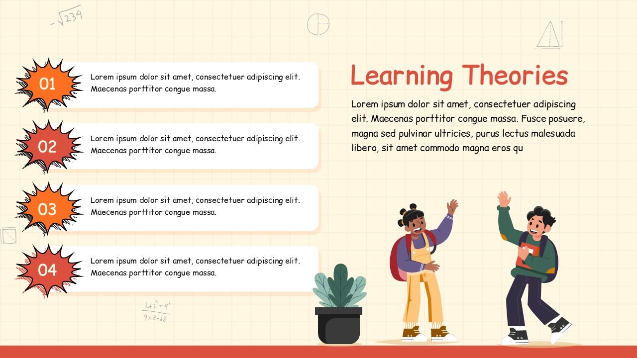 Teacher education presentation template slide on learning theories with four numbered sections and illustrated students on grid background.