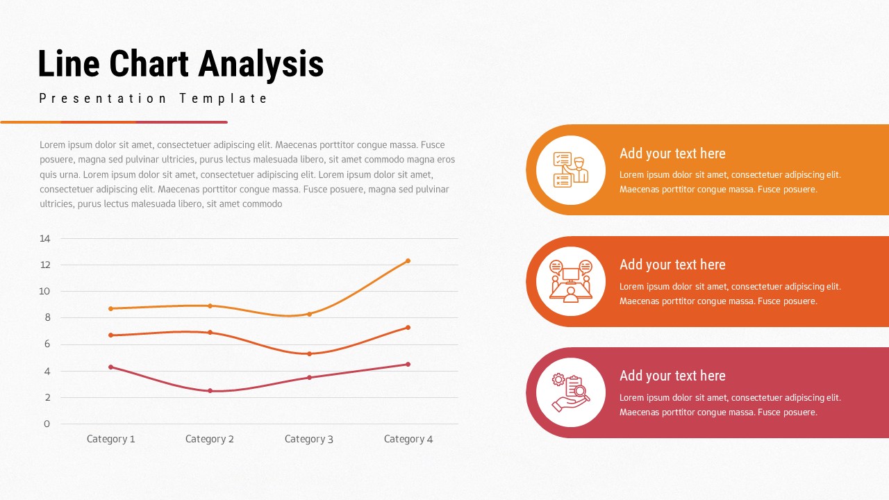 Line chart analysis slide with three data lines, four categories, and three icon text panels on the right.