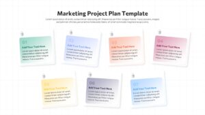 Marketing project plan slide with seven pinned note cards arranged in two rows on a grid background layout.