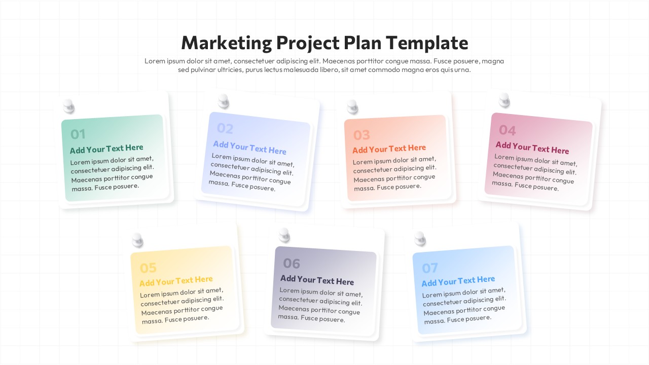Marketing project plan slide with seven pinned note cards arranged in two rows on a grid background layout.