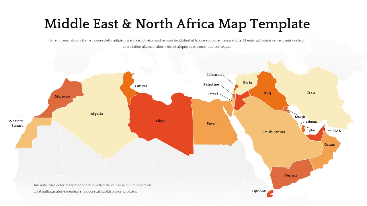 Political map slide of Middle East and North Africa with color-coded countries and labeled regions on a clean background.