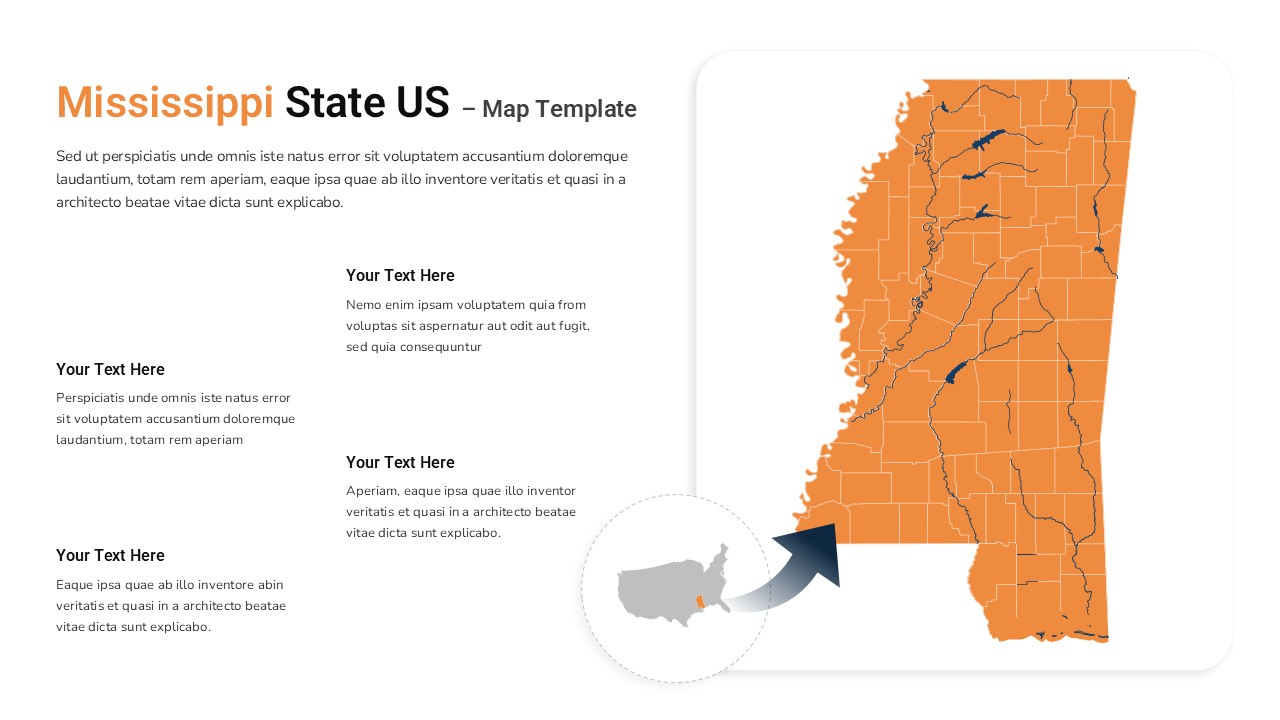 Orange Mississippi state map with county borders, rivers, text placeholders, and US locator inset on a clean slide layout.
