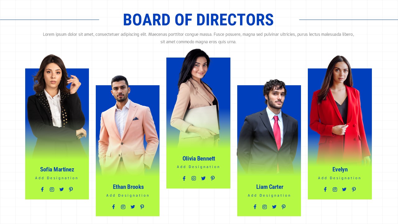 Board of Directors slide with five vertical profile cards, gradient panels, names, titles, and social media icons in a corporate layout.