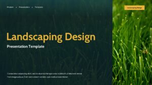 Landscaping Design Presentation Template cover slide with dark green background, bold yellow title, and vertical grass image layout.