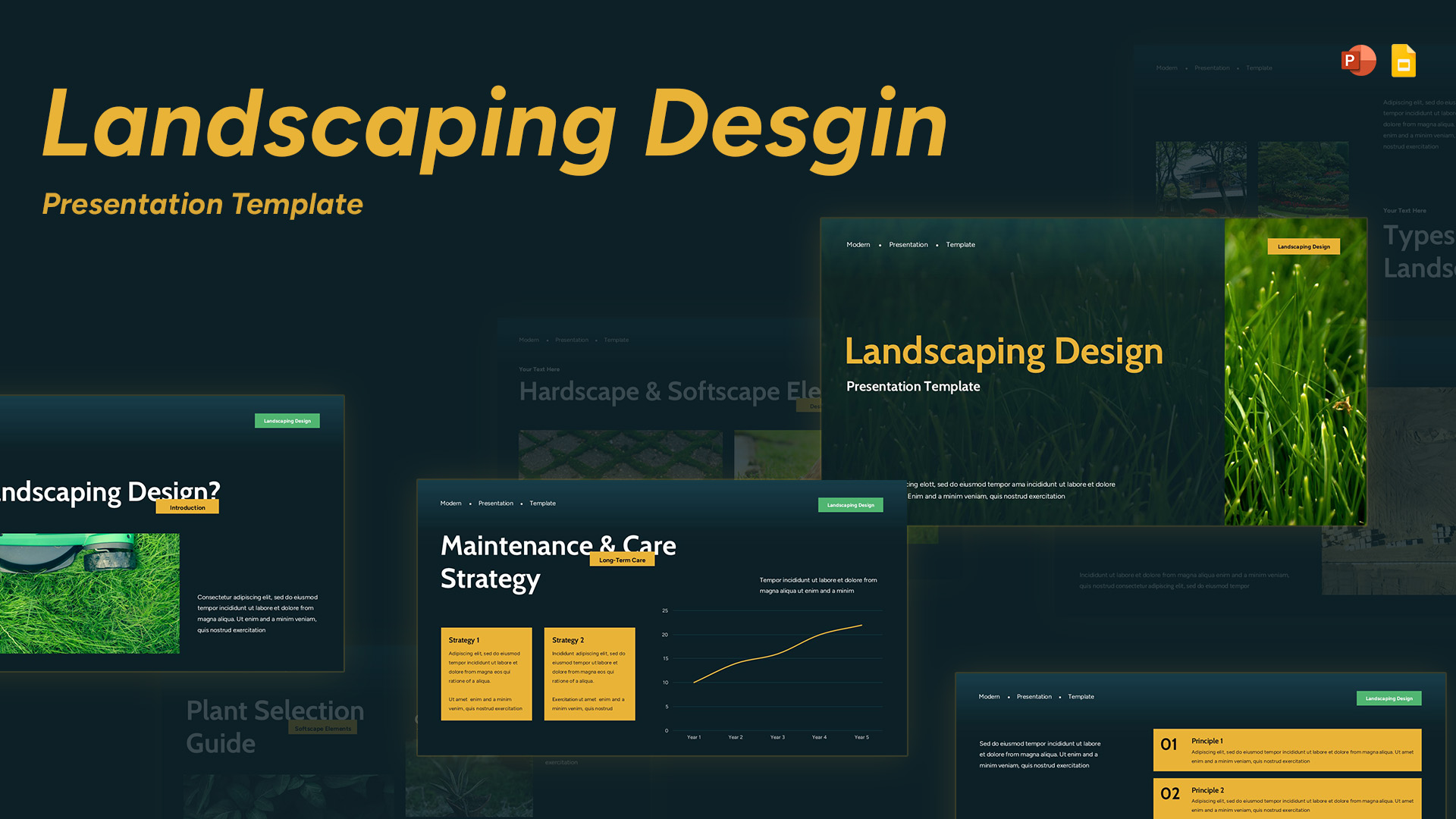 Landscaping design presentation slide featuring dark green gradient background, bold yellow headings, and image-based content layouts.