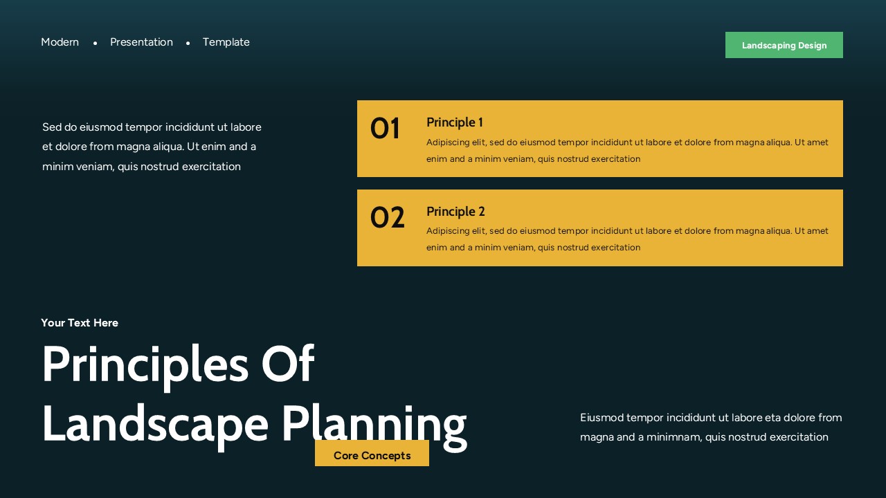 Landscaping Design Presentation Template slide on principles of landscape planning with numbered yellow concept boxes and dark green layout.