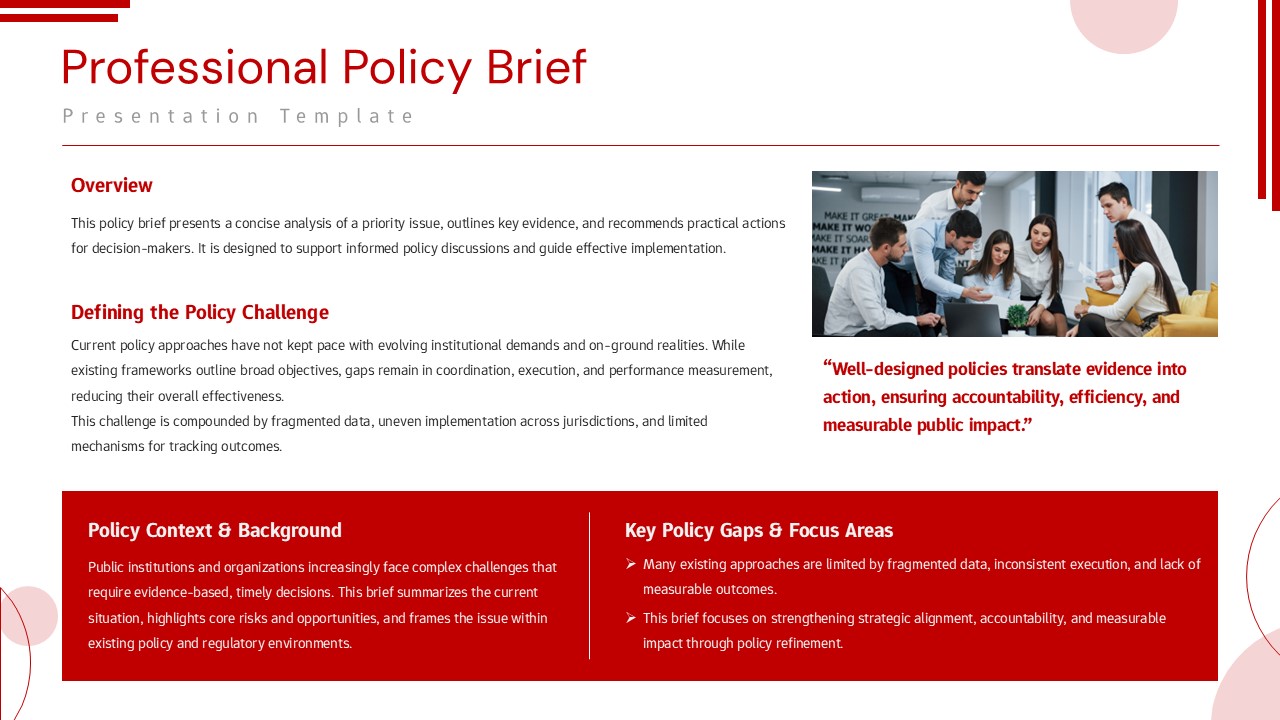 Professional policy brief slide with overview, policy gaps, context sections and red accent layout.