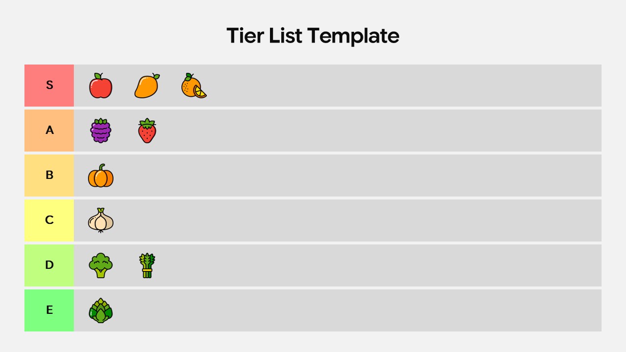 Tier list slide with S to E horizontal colored rows on dark background for ranking items.