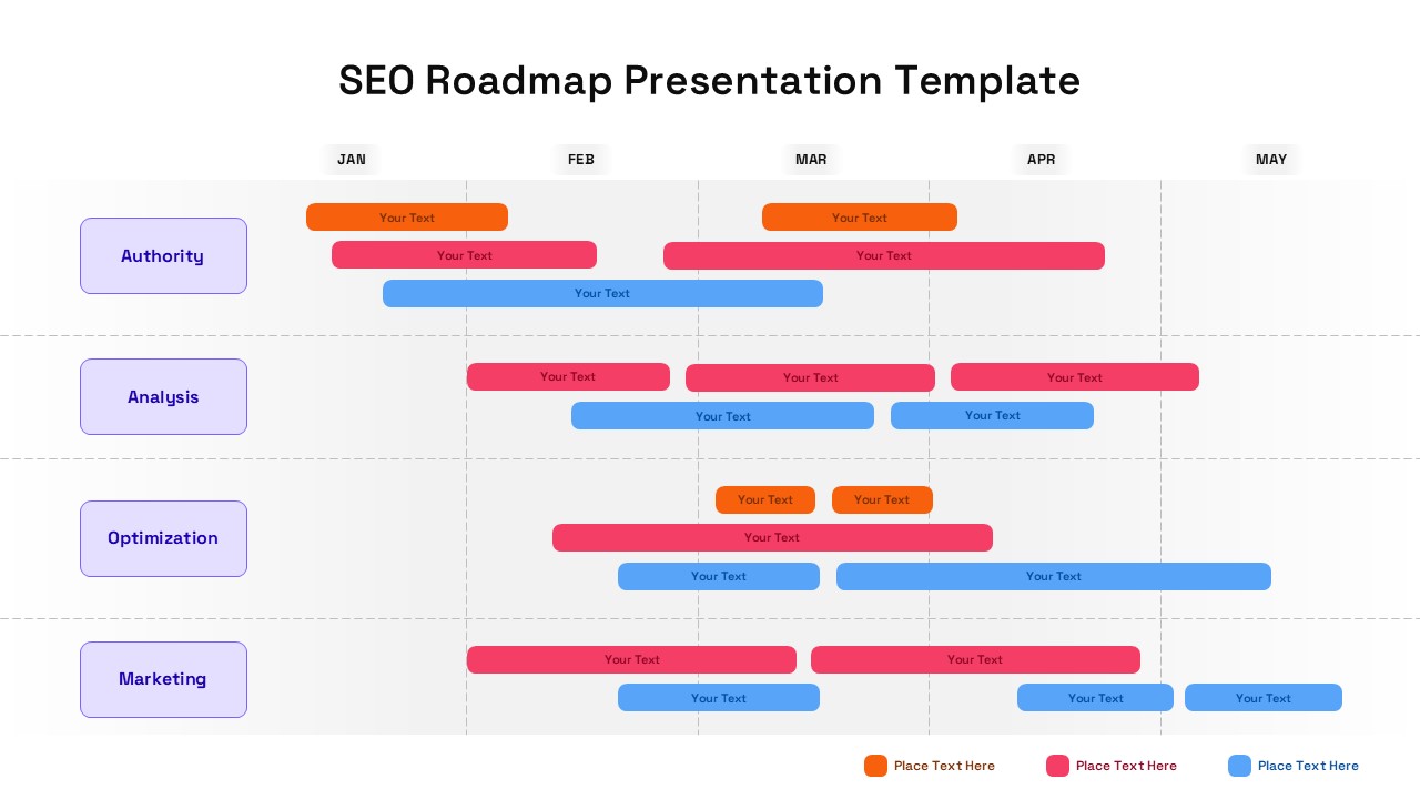 SEO roadmap timeline slide with four horizontal lanes for Authority, Analysis, Optimization, and Marketing across monthly columns.