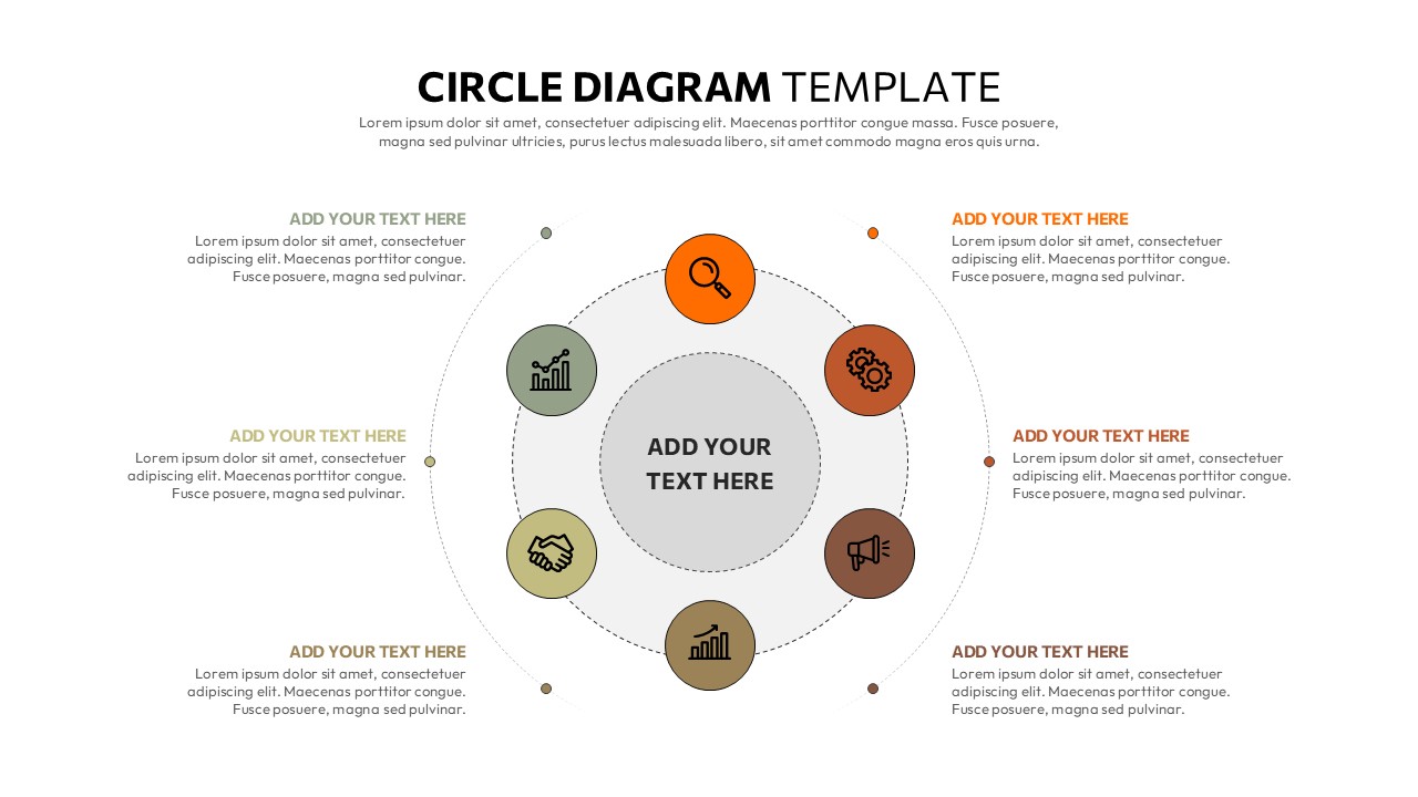 Business slide featuring a central hub with six circular icons arranged in a dotted ring, representing a six-step process diagram layout.