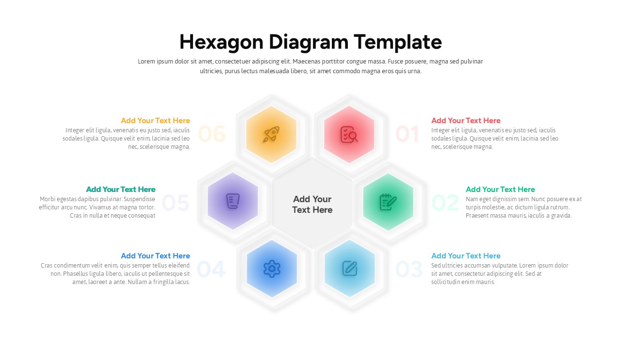 Hexagon process diagram slide with one central hexagon and six surrounding steps, each with icons, numbers, and text.