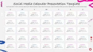 Weekly social media calendar slide with Sunday to Saturday grid and editable platform time-slot cards.