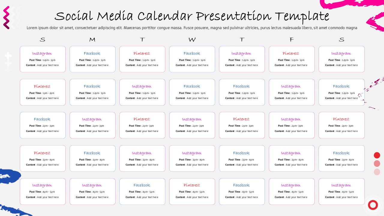 Weekly social media calendar slide with Sunday to Saturday grid and editable platform time-slot cards.