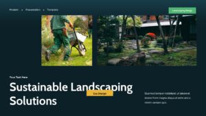 Landscaping Design Presentation Template slide on sustainable landscaping solutions with eco design images and dark green layout.