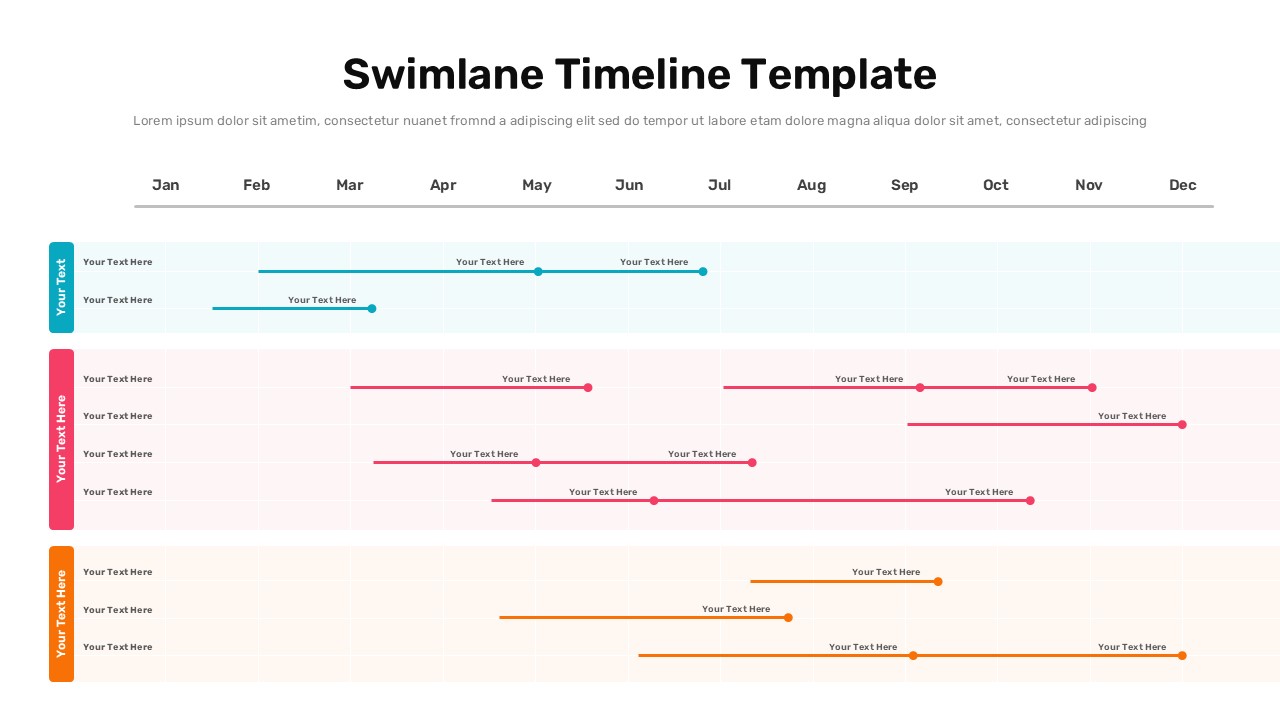 Dark Swimlane Timeline Template with 3 sections - SlidesDepot