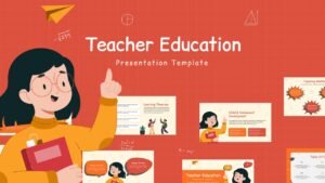 Teacher education presentation cover slide with illustrated teacher, red grid background, and education topic thumbnails.