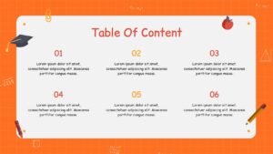 Teacher education presentation template table of content slide with six numbered sections, orange grid background, and school icons.