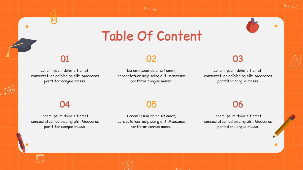 Teacher education presentation template table of content slide with six numbered sections, orange grid background, and school icons.
