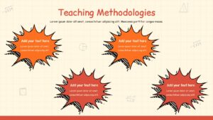 Teacher education presentation template slide on teaching methodologies with four starburst text sections on grid background.