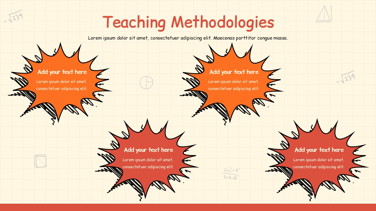 Teacher education presentation template slide on teaching methodologies with four starburst text sections on grid background.