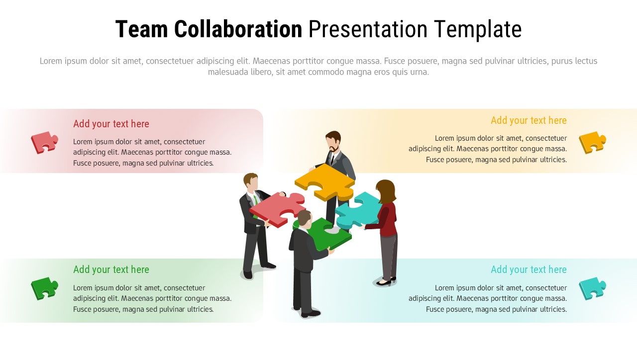 Illustration of four professionals assembling colorful puzzle pieces with four surrounding text panels for team collaboration presentation layout.