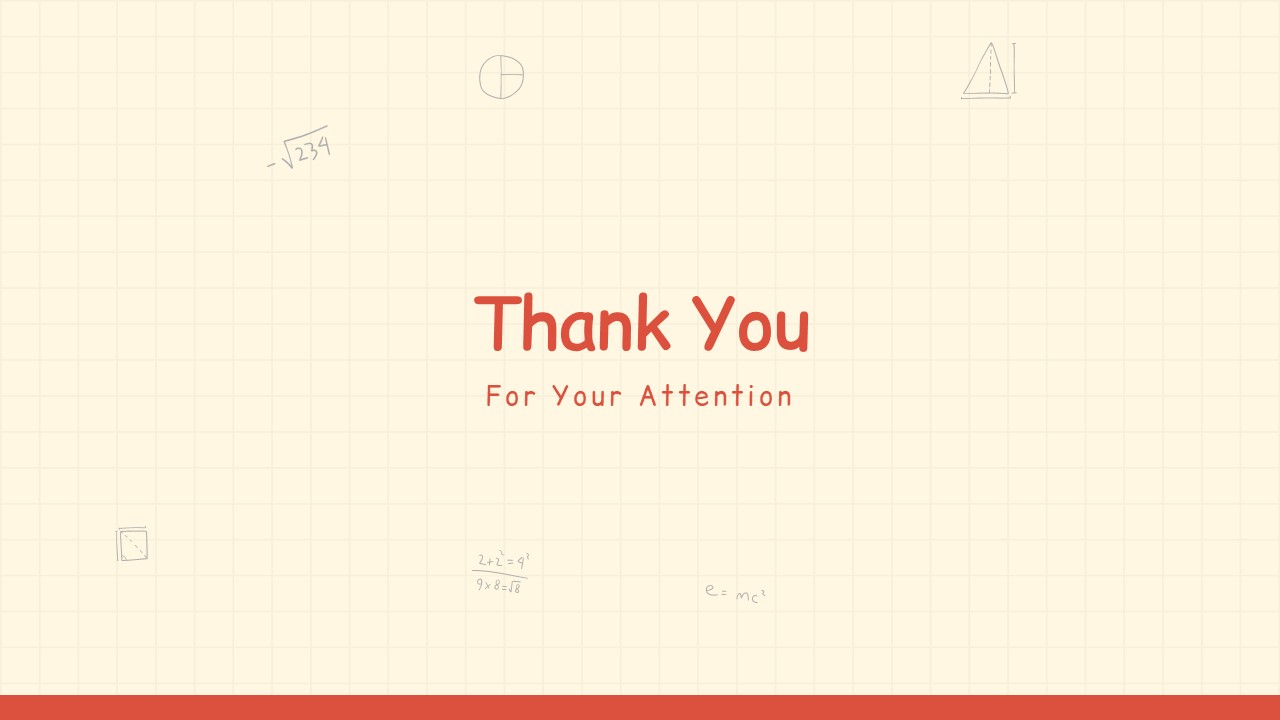 Teacher education presentation template thank you slide with centered text on grid background and red footer bar.