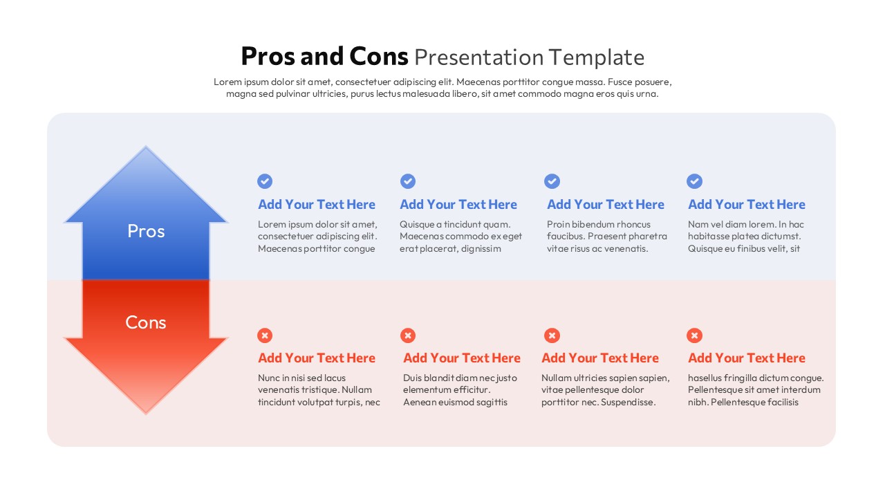 Vertical arrow pros and cons layout with aligned comparison text blocks and icons