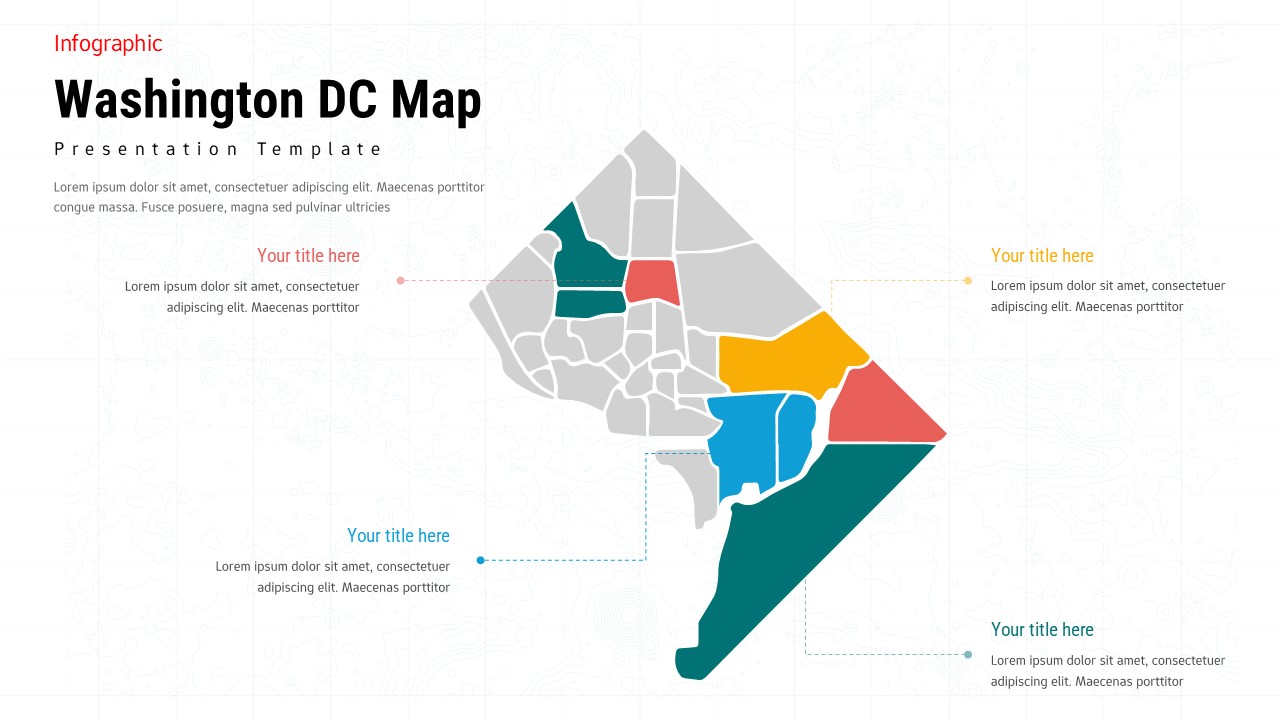 Washington DC district map infographic slide with color-coded regions and four text callouts connected by dotted lines.