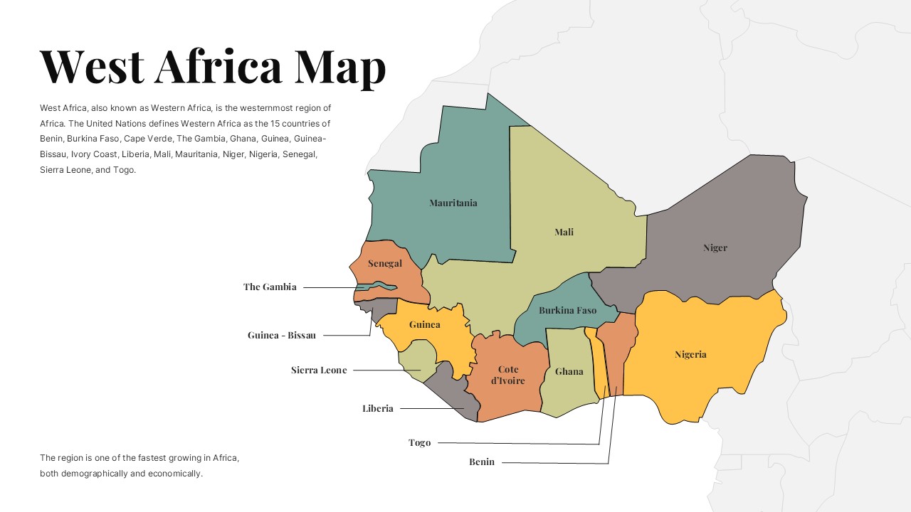 West Africa political map slide showing labeled countries with distinct colors and a clean geographic layout.
