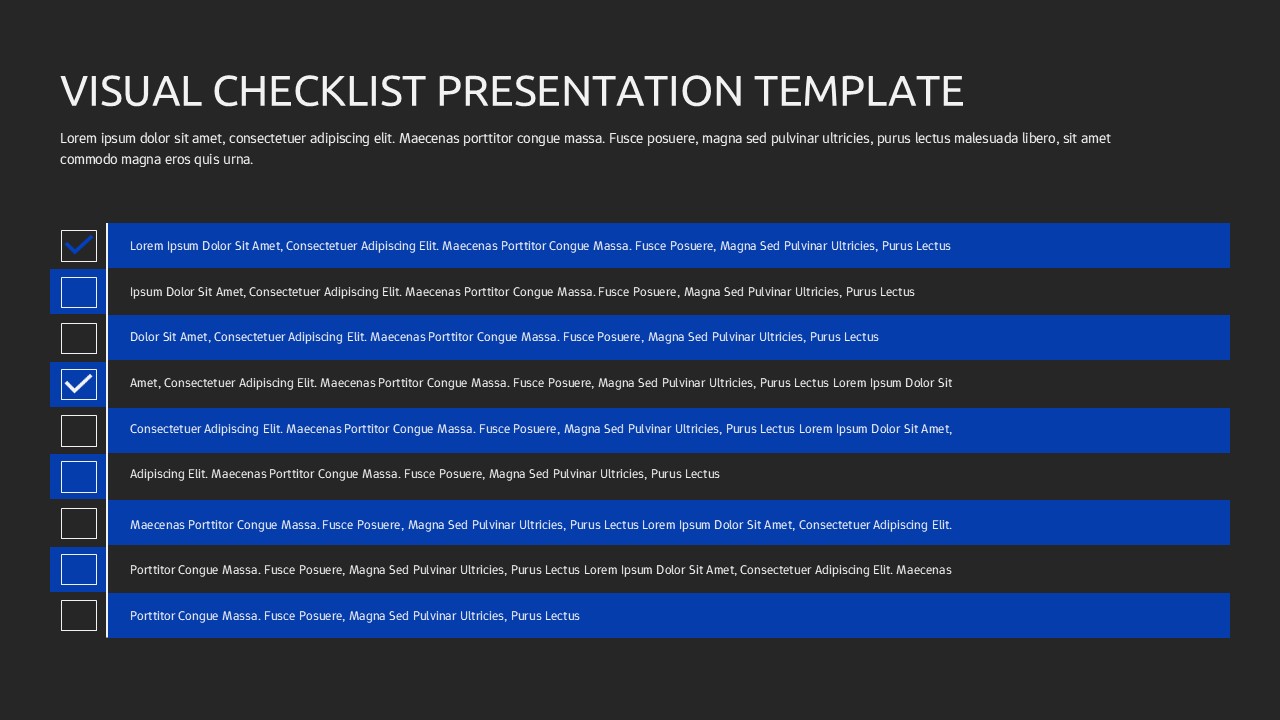 Presentation slide with stacked horizontal blue checklist bars and left-aligned square checkboxes for task tracking.