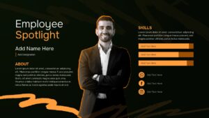 dark Employee spotlight slide layout with large portrait, name and role text, about section, and horizontal skill bars.