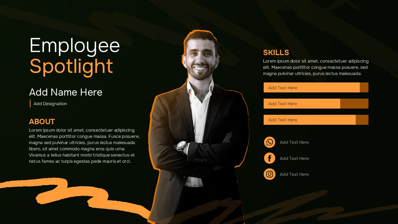 dark Employee spotlight slide layout with large portrait, name and role text, about section, and horizontal skill bars.