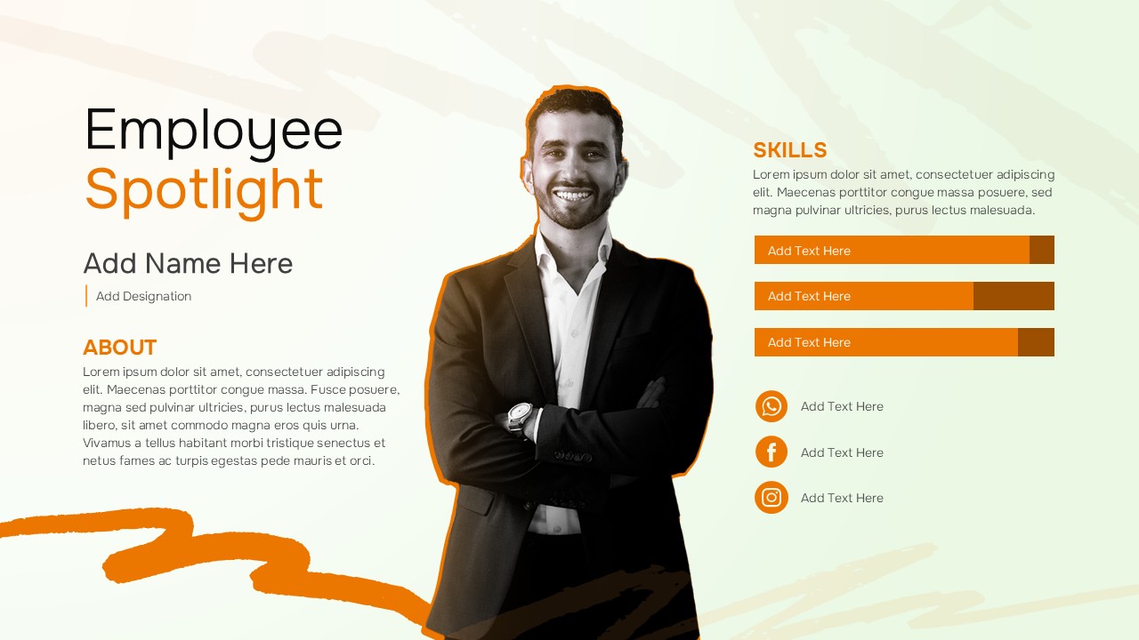 Employee spotlight slide layout with large portrait, name and role text, about section, and horizontal skill bars.