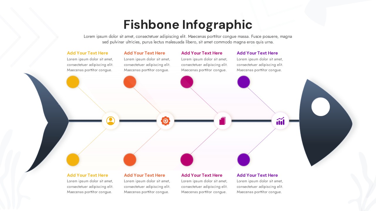 Fishbone infographic slide with horizontal spine, color-coded cause branches, circular icons, and editable text areas.