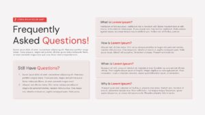frequently asked questions slide with bold headline on the left and multiple FAQ cards on the right with red accents.