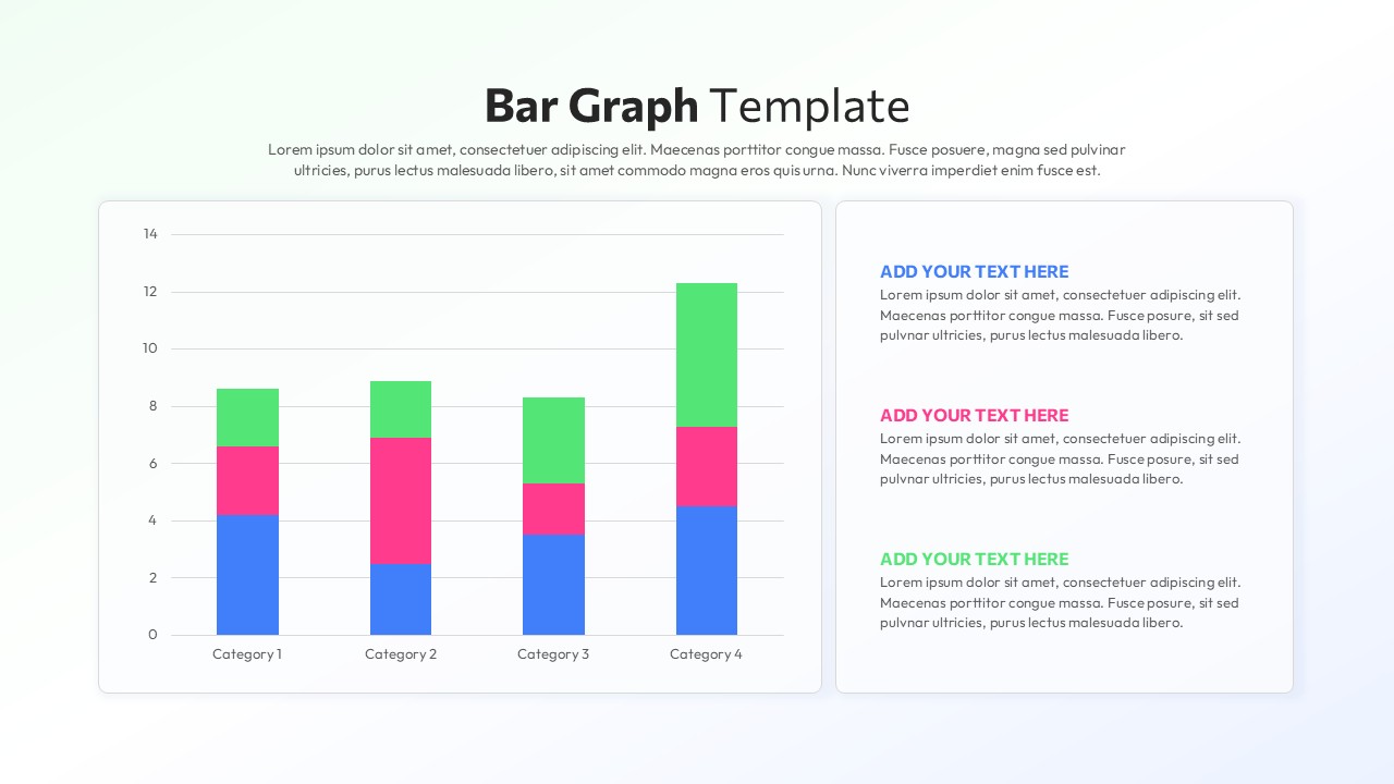 Stacked bar graph slide with vertical multi-color bars, gridlines, category labels, and a right-side text panel for insights.