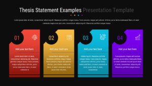 Dark theme thesis PowerPoint template showing 4-step process with bright colored sections on black background