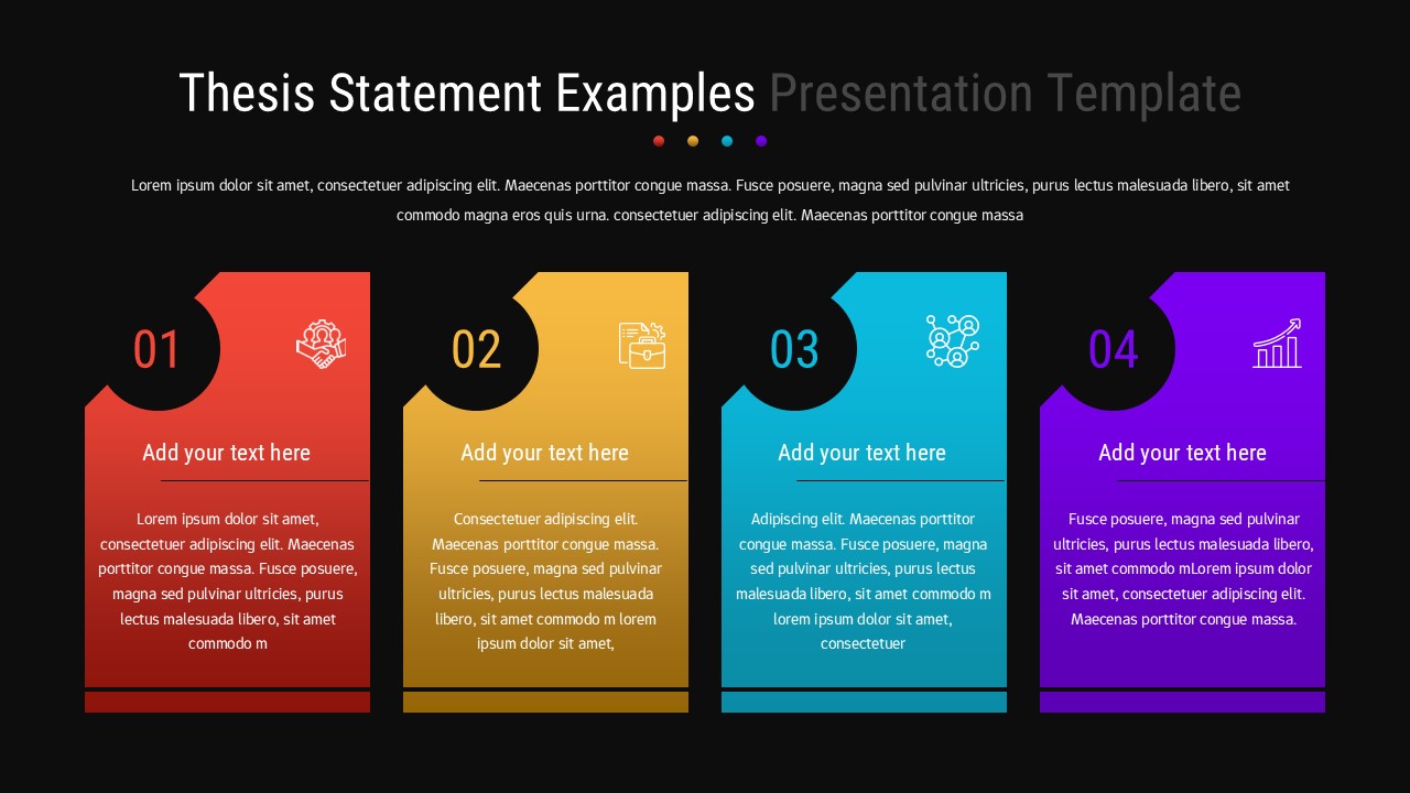 Dark theme thesis PowerPoint template showing 4-step process with bright colored sections on black background